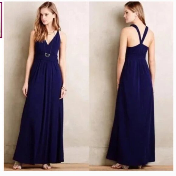 Maeve Dresses & Skirts - Anthropologie Maeve Yumi Maxi Dress Navy Blue V-Neck Woven Waistband Size 12